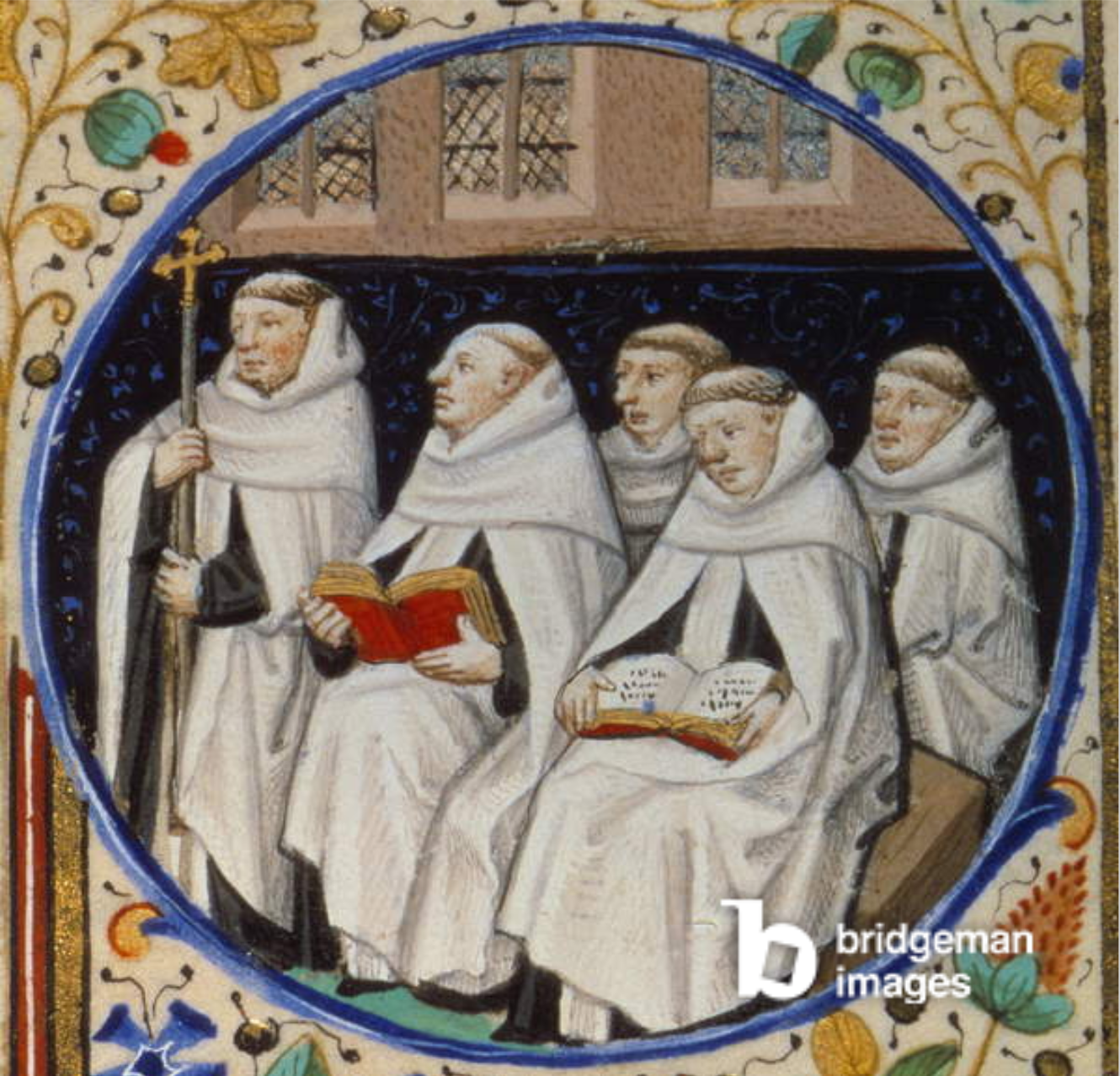 Scene of monastic life. Detail depicting monks of the Order of Carmen. Miniature from the "Book of hours according to the usage of Paris" illuminated by the workshop of the Master of Bedford. 1450 / National Library, Paris, France / Photo © Photo Josse / Bridgeman Images