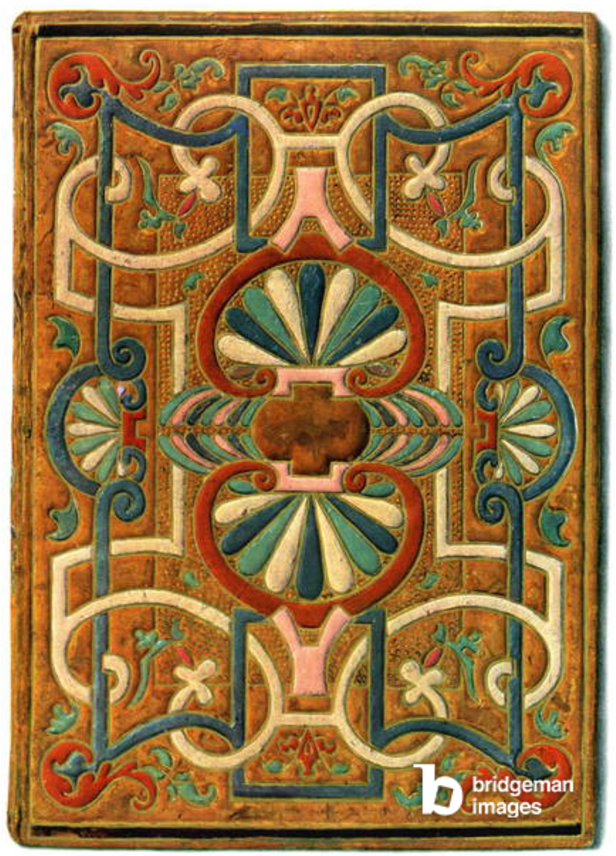 One of the most beautiful bindings in the Bibliothèque nationale de France (Paris): a binding in brown calfskin decorated with interlacing which covers a volume of the Hours of the Virgin printed in Paris in 1549. It is a remarkable example of these rich decorated bindings. by the application of colored pastels, very fashionable in the 16th century / Bibliothèque Nationale, Paris, France / Foto © Gusman / Bridgeman Images