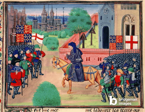 Peasants revolt showing the banners of England and St. George, John Ball shown leading the rebels, illustration from 'Chroniques de France et d'Angleterre', by Jean Froissart, c.1460-80 (vellum), Netherlandish School, (15th century) / British Library, London, UK / © British Library Board. All Rights Reserved / Bridgeman Images