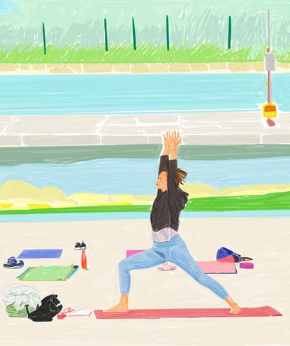 image illustration of a woman doing pilates in a park by water The PilatesYoga Class, 2020 (Digital Painting | Triptych Central Panel), Sughi, Mario  Private Collection  © Mario Sughi  Bridgeman Images 6334463