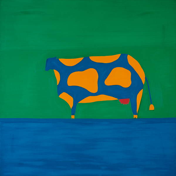 bright green and blue background with a multicoloured Cow,1998,(oil on linen), Rodriguez, Cristina  Private Collection  © Cristina Rodriguez  Bridgeman Images 6348261