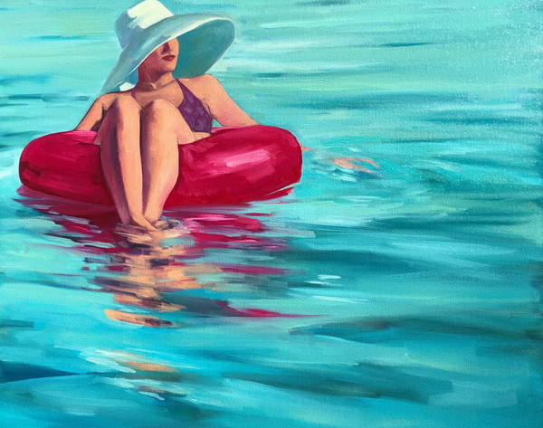 painting of a woman wearing a big white hat, drifting in a blue sea waterDrifting, 2019, (oil on canvas), Harris, T.S.  Private Collection  © T.S. Harris  Bridgeman Images 6266019