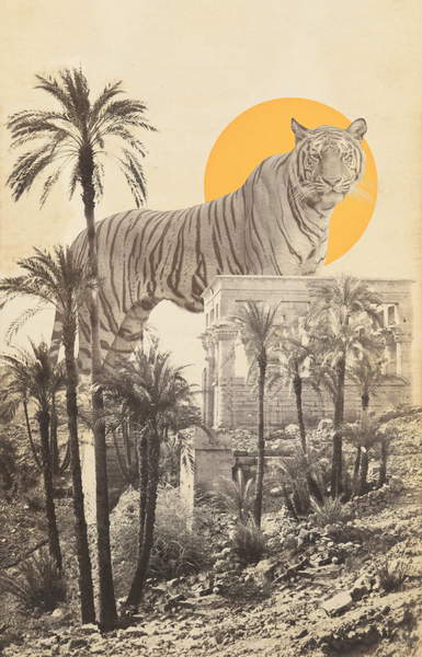 Giant Tiger in Ruins and Palms, Bodart, Florent  Private Collection image montage of a gigantic tiger over a temple with a big yellow sun in the background © Florent Bodart  Bridgeman Images 6335321