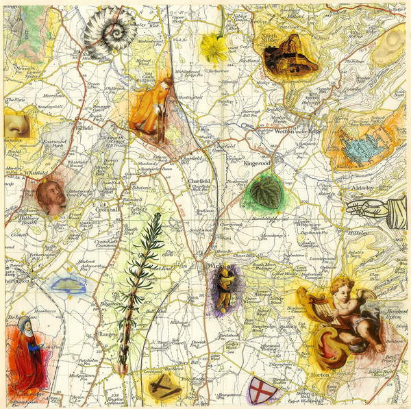 image of an imaginary map Latitude, Longitude 3, 2013 (collage and mixed media on Ordnance Survey map), Kelly, Deirdre (Contemporary Artist)  Private Collection  © Deirdre Kelly  Bridgeman Images  6096395