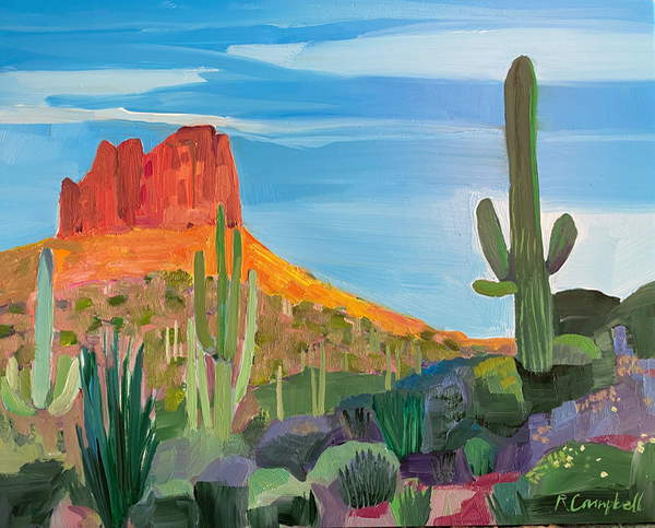 painting of a red mountain in a New Mexico desert, Campbell, Rachel  Private Collection  © Rachel Campbell  Bridgeman Images 6259338
