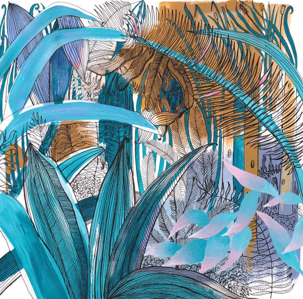 Tropical Garden, 2015, (acrylic & ink), Orr, Charlotte  Private Collection  image of an etching of green and brown leafs © Charlotte Orr  Bridgeman Images 2823138