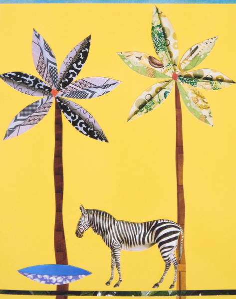 bright yellow image with a Zebra with Blue Bowl, collage, French, Genevieve  Private Collection  © Genevieve French  Bridgeman Images 6108420