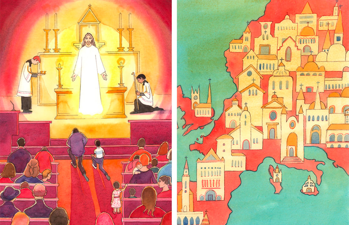 L: The 'jewel' at the heart of a Catholic Church is Jesus our Divine Savior, Present in the tabernacle, 2004 (w/c on paper), Elizabeth Wang (1942-2016) / Private Collection / © Radiant Light / Bridgeman Images. R: Christians should pray frequently, asking God for a renewal of Christian faith in many hearts and many countries, 2004 (w/c on paper), Elizabeth Wang (1942-2016) / Private Collection / © Radiant Light / Bridgeman Images