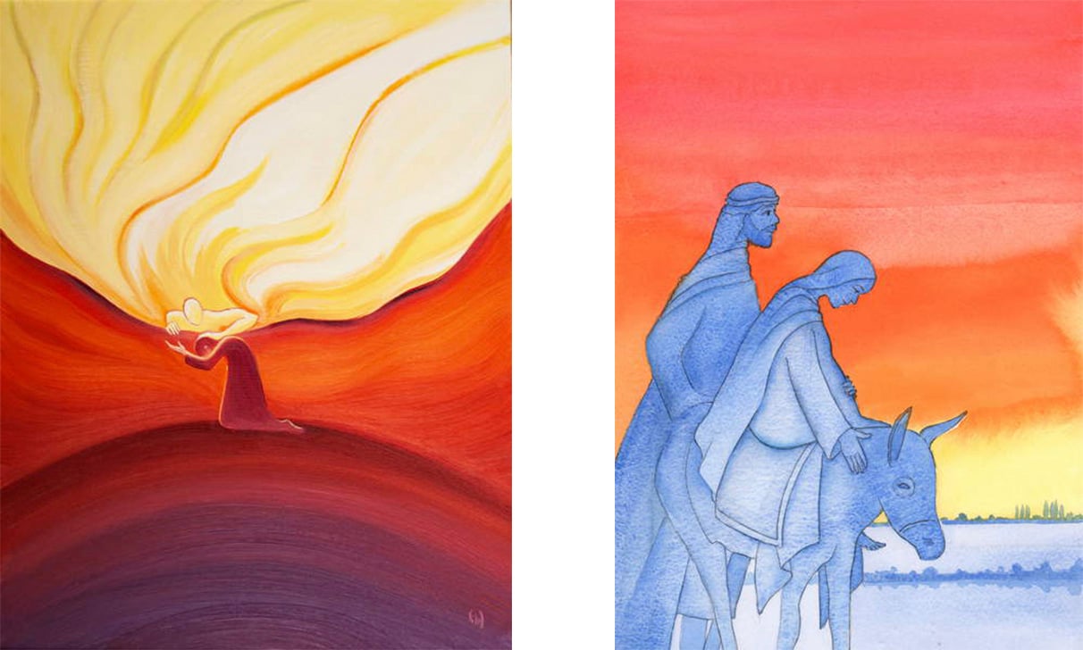 L: Our littlest prayers are welcomed, heard, and rewarded by God, who is like a father stroking his beloved child, 2001 (oil on board), Elizabeth Wang (1942-2016) / English ​​© Radiant Light / Bridgeman Images. R: As Mary travelled to Bethlehem, she was like the Son she would bear, resembling Him in humility, love, trust and obedience, 2003 (w/c on paper), Elizabeth Wang (1942-2016) / English ​​© Radiant Light / Bridgeman Images