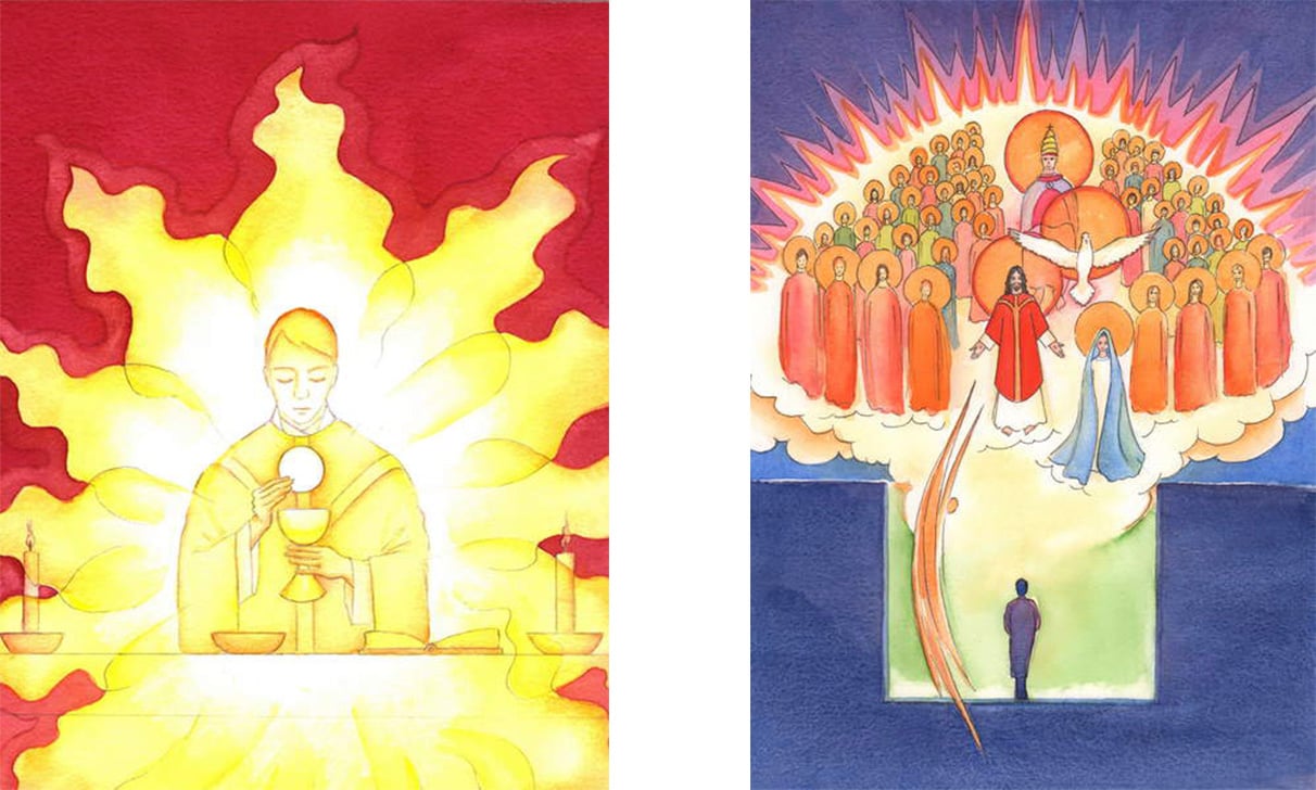 L: The Presence of Jesus in the Eucharist is like a blazing fire of glory, 2001 (w/c on paper), Elizabeth Wang (1942-2016)/English ​​© Radiant Light / Bridgeman Images. R: Personal prayer, in our 'secret room', is never made alone; through Christ we are present with the whole company of Heaven, 2004 (w/c on paper), Elizabeth Wang (1942-2016) / English ​​© Radiant Light / Bridgeman Images.