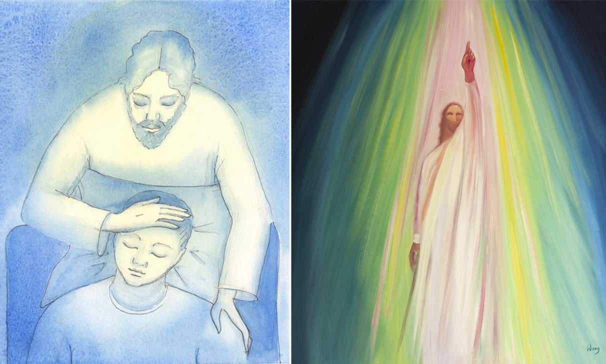 L: Christ sees our pain and exhaustion, and comes to us in Holy Communion to offer consolation and reassurance, like a mother stroking a child's hair., 2004 (w/c on paper), Elizabeth Wang (1942-2016) / English ​​© Radiant Light / Bridgeman Images. R: Jesus urges us to draw closer to the Father and to direct our prayers to Him, 2001 (oil on board), Elizabeth Wang (1942-2016) / Private Collection / © Radiant Light / Bridgeman Images