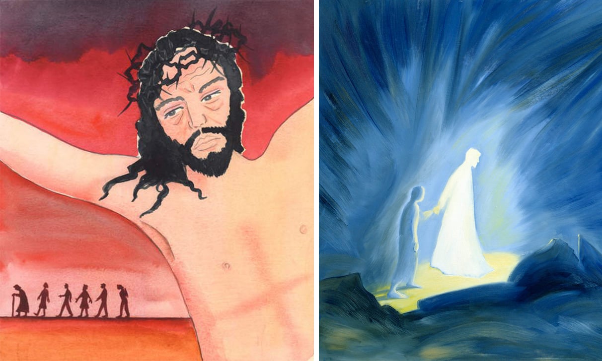 L: Christ spoke at the Consecration of the wine, saying "I shed My Blood for them", 2004 (w/c on paper), Elizabeth Wang (1942-2016) / English ​​© Radiant Light / Bridgeman Images. R: Even in the darkness of our sufferings Jesus comforts and guides us, 1994 (oil on panel), Elizabeth Wang (1942-2016) / Private Collection / © Radiant Light / Bridgeman Images