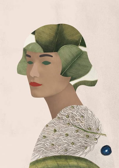 image illustration of a woman bust and head made of leafs and feathers Zelda, 2020 (digital work), Diluviani, Chiara  Private Collection  © Justin Piperger  Bridgeman Images 6317412