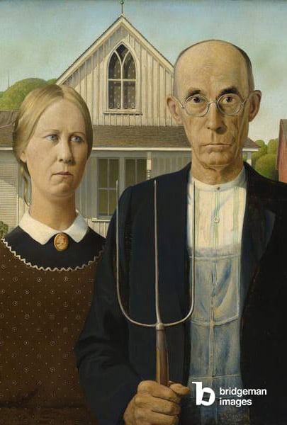 American Gothic, 1930 (oil on beaver board) , Grant Wood / Art Institute of Chicago / Friends of American Art Collection / Bridgeman Images