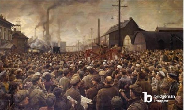 Russian Revolution of 1917: “Lenin speaking to the workers of the Putilov factory in Petrograd, 1917” / Isaak Israilevich Brodsky (1883-1939) / Photo © Photo Josse / Bridgeman Images