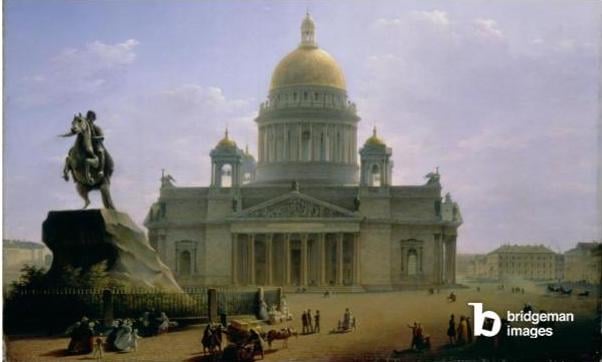 St. Isaac's Cathedral with a Statue of Peter the Great, 1844 (oil on canvas), Vorobiev, Maksim Nikiforovich (1787-1855) / Russianstatue by Etienne Maurice Falconet erected in 1782;© State Russian Museum / Bridgeman Images
