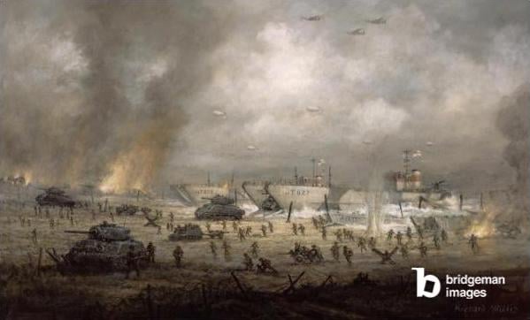 The Tanks Go In', Sword Beach (oil on canvas), Willis, Richard (b.1924) / English / Private Collection© Richard Willis. All Rights Reserved 2022 / Bridgeman Images