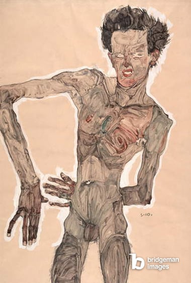 Self Portrait Standing, 1910 (mixed media), Schiele, Egon (1890-1918) / Graphische Sammlung Albertina, Vienna, Austria / De Agostini Picture Library / G. Nimatalla