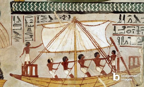 A boat on the river, Sennifer's pilgrimage to Abydos, from the tomb of Sennefer (TT 96), 18th Dynasty / Luisa Ricciarini / Bridgeman Images