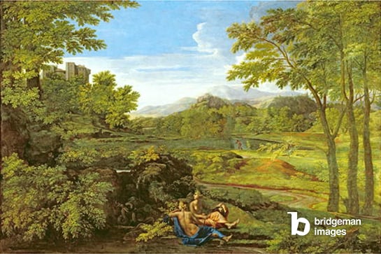 Landscape with Two Nymphs, 1659 (oil on canvas) by Poussin / The Condé museum, Chantilly, France / Bridgeman Images