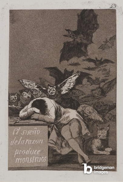 The sleep of reason produces monsters, plate 43 of 'Los caprichos', 1799 (etching and aquatint), Francisco Jose de Goya  / Private Collection / Index Fototeca / Bridgeman Images