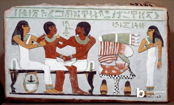 Egyptian antiquite: burial stele painted limestone depicting the family of Amenemhet (Amenemhat), 11th dynasty. From Assasif. Sun. 30x50 cm Cairo, Egyptian museum / Luisa Ricciarini / Bridgeman Images 