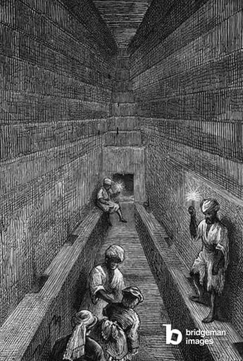 View of the large gallery of the pyramid of Kheops (Cheops, Keops, Khoufu, Khufu) in Guizeh (Guiseh, Giza, Giza), Egypt, 1873. Engraving in “” The Illustrious Universe””, 1873 / Stefano Bianchetti / Bridgeman Images