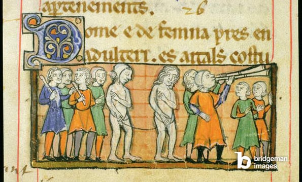 Punishment of two adulterers by nude procession through the town, from ‘Livre Juratiore d’Agen’ (vellum), French School, (13th century) / Bibliotheque Municipale, Agen, France