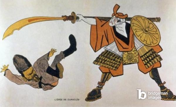 RUSSO-JAPANESE WAR, 1904 French cartoon, 1904, showing Japan holding 'sword of Damocles' over Russia in Russo-Japanese War © Granger / Bridgeman Images 