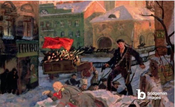 October 1917 in Petrograd (oil on canvas), Kustodiev, Boris Mikhailovich (1878-1927) / Russian, Tretyakov Gallery, Moscow, Russia © Bridgeman Images 