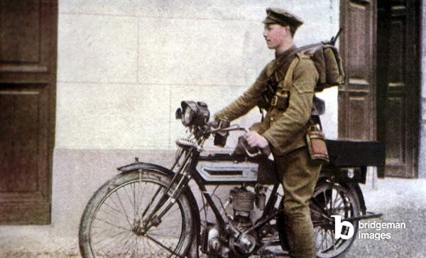 An English dispatch rider taking off during the Battle of the Marne east of Paris in September 1914