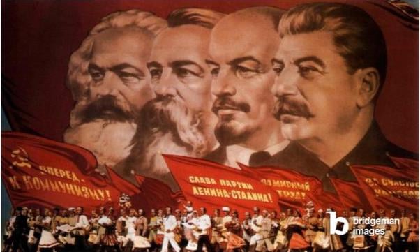 Propaganda poster: Karl Marx, Friedrich Engels, Lenin and Stalin c. 1960 © PVDE / Bridgeman Images