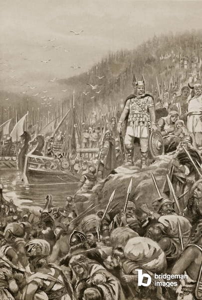 The Embarkation of the Goths, 269 AD, illustration from 'Hutchinson's History of the Nations', 1915 (litho), Robert Ambrose Dudley / Private Collection / The Stapleton Collection / Bridgeman Images