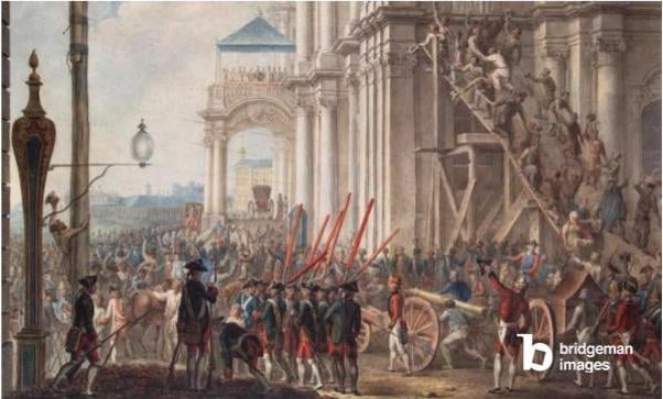 Catherine II on the Balcony of the Winter Palace, greeted by Guards and People on the Day of the Palace Revolution, 28th June, 1762 (colour litho), Kaestner, I.K. (18th century) / Russian © Bridgeman Images 