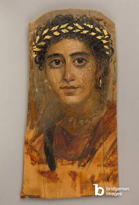 Portrait of a young woman in red, 90-120 AD (encaustic, limewood, gold leaf), Egyptian, Roman Period (c.30 BC - AD 337) / Metropolitan Museum of Art, New York, USA / Bridgeman Images