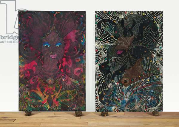 Untitled Diptych, 1999 (acrylic, oil, phosphorescent paint, printed paper, paper collage, glitter, polyester resin, map pins and elephant dung on canvas)